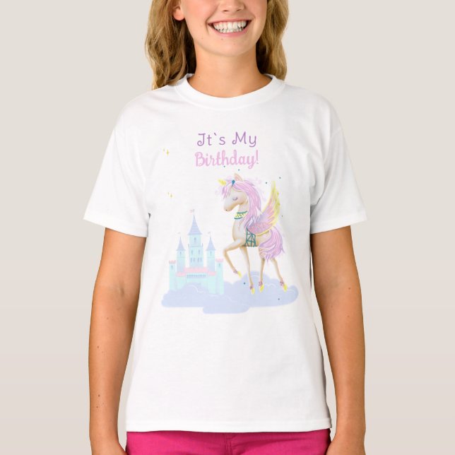 Birthday Girls' T-Shirts with an adorable unicorn. (Front)