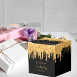 Birthday glitter black gold sparkle monogram name favour box<br><div class="desc">Elegant, classic, glamourous and girly for a 21st (or any age) birthday party favours. A chic black background colour. On the front and the back: The text: 21st Birthday and Thank You written with a modern hand lettered style script. Decorated with faux gold glitter drips, paint dripping look. Personalise and...</div>