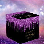 Birthday glitter black purple sparkle monogram favour box<br><div class="desc">Elegant, classic, glamorous and girly for a 21st (or any age) birthday party favors. A chic black background color. On the front and the back: The text: 21st Birthday and Thank You written with a modern hand lettered style script. Decorated with deep purple faux glitter drips, paint dripping look. Personalize...</div>