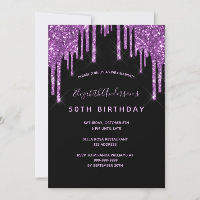 Birthday glitter dripping black purple modern chic invitation (Front)
