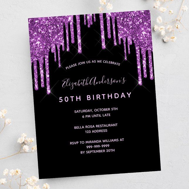 Birthday glitter drips black purple invitation postcard (Creator Uploaded)