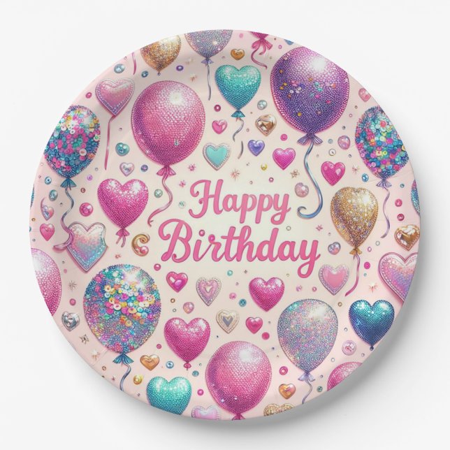 Birthday Glittery Balloons Paper Plate (Front)