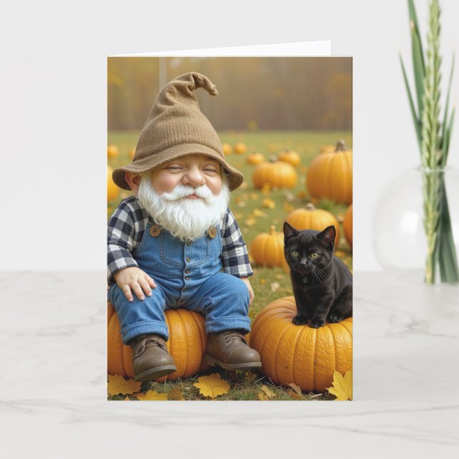 Birthday Gnome and Black Kitten On Pumpkins Card (Front)