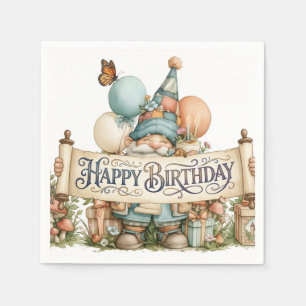 Birthday Gnome Illustration with Balloons Napkin
