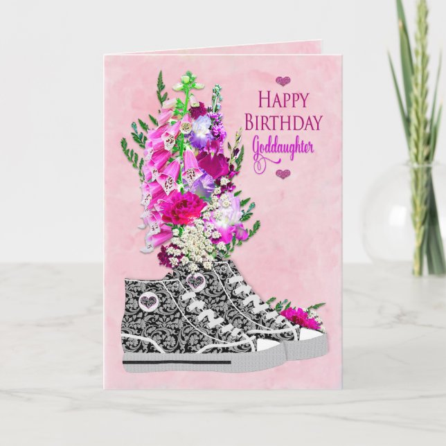 Birthday, Goddaughter, Fancy Sneakers black/White Card (Front)