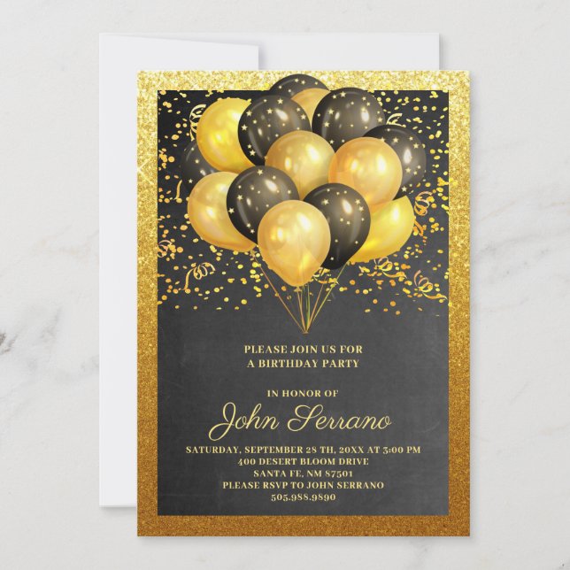 Birthday Gold Black Glitter Party Invitation (Front)