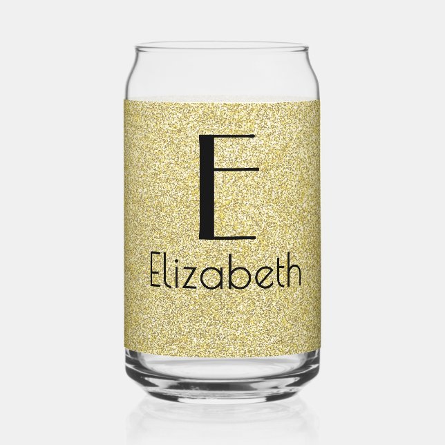 Birthday Gold & Black || Retro, Name and Initial Can Glass (Front)