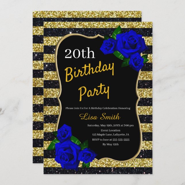 Birthday Gold Black Stripes Glitter Deep Blue Rose Invitation (Front/Back)