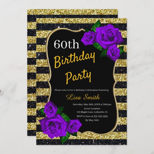 Birthday Gold Black Stripes Glitter Purple Roses Invitation (Front/Back)