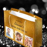 Birthday gold custom photo metal monogram large gift bag<br><div class="desc">For a 50th (or any age) birthday.  A faux gold metallic looking background.   Personalise and add 3 of your own photos,  a date,  name and age 50. Black text. The name is written wit a modern hand lettered style script.</div>