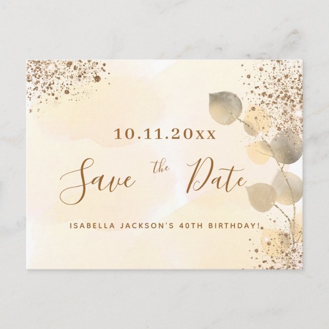 Birthday gold eucalyptus glitter save the date announcement postcard (Front)