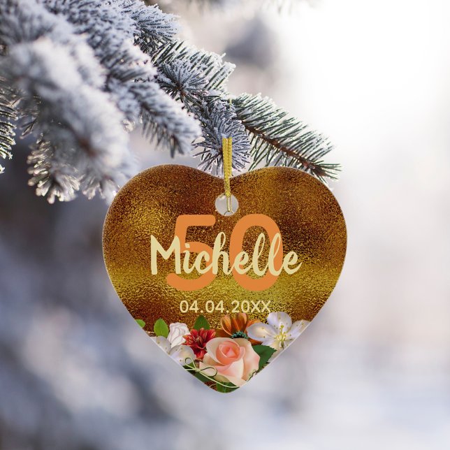 Birthday gold florals monogram name ceramic tree decoration (Creator Uploaded)