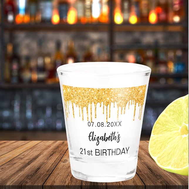 Birthday gold glitter drips name shot glass (Creator Uploaded)