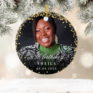 Birthday gold glitter sparkles photo name ceramic tree decoration