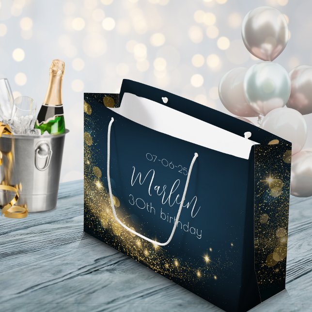Birthday gold midnight blue sparkling gold shimmer large gift bag (Customizable gift bag with name and date. Party favor dark blue gold glamour.)
