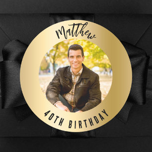 Birthday gold photo classic round sticker