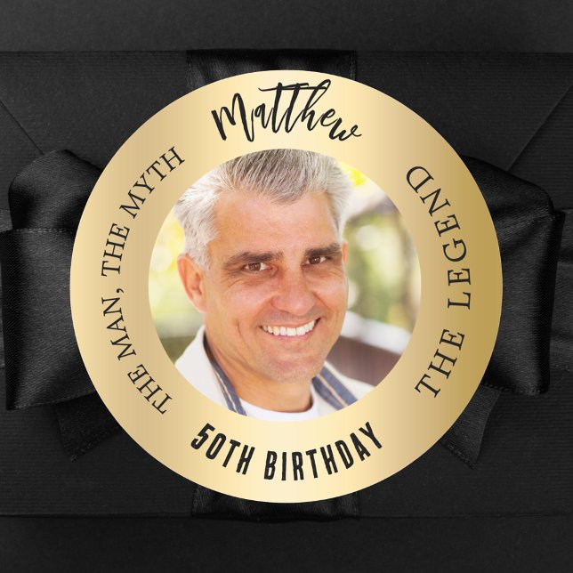 Birthday gold photo man myth legend classic round sticker (Creator Uploaded)