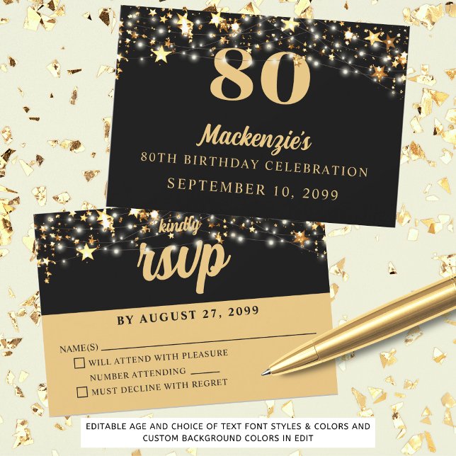 Birthday Gold Stars Any Age Custom Colour RSVP Card (Creator Uploaded)
