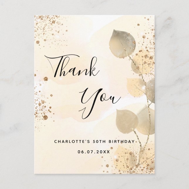Birthday golden eucalyptus glitter thank you postcard (Front)