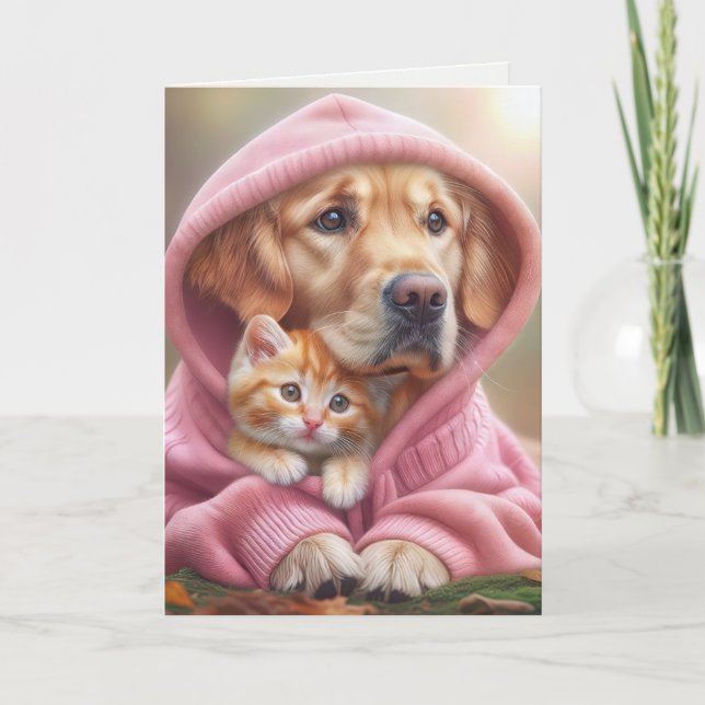 Birthday Golden Retriever and Kitten In a Hoodie Card (Front)