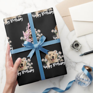 Birthday Golden Retriever on Black Wrapping Paper