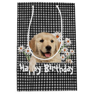 Birthday Golden Retriever On Gingham Medium Gift Bag