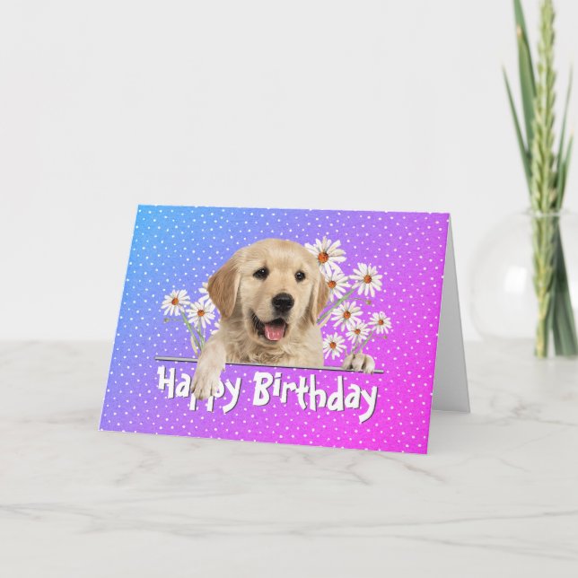 Birthday Golden Retriever on Polka Dots  Card (Front)