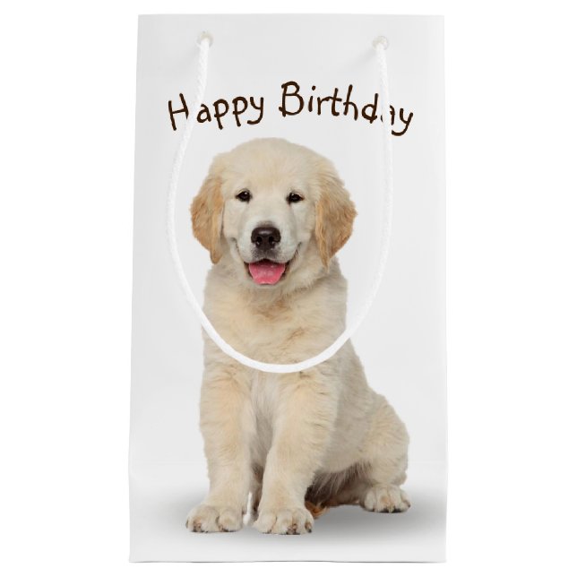 Birthday Golden Retriever Puppy On White Small Gift Bag (Front)