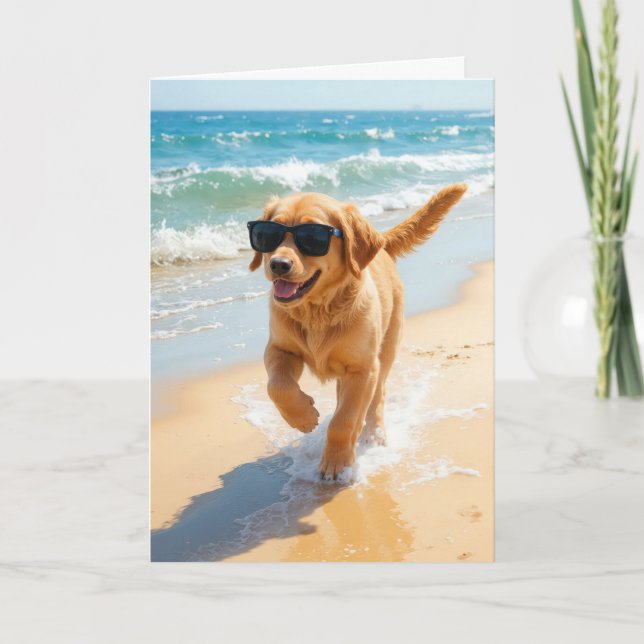 Birthday Golden Retriever Puppy Walking the Beach Card (Front)