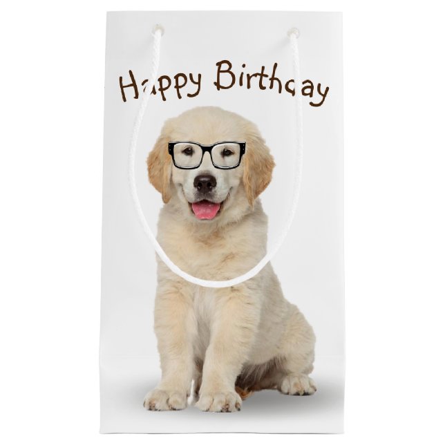 Birthday Golden Retriever Puppy with Glasses Small Gift Bag (Front)