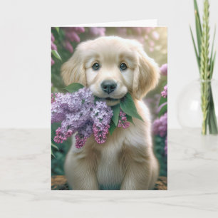 Birthday Golden Retriever Puppy With Lilacs Card
