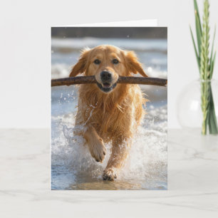 Birthday Golden Retriever Running with Stick Card