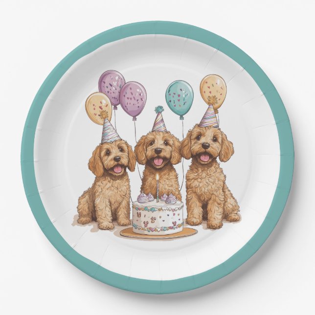Birthday Goldendoodle Dogs Birthday Cake Paper Plate (Front)