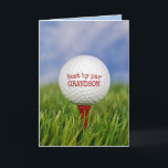 Birthday Golf Ball On Tee For Grandson Card<br><div class="desc">Close-up of golf ball on red tee in green grass for Grandson's birthday.
All text can be edited.</div>