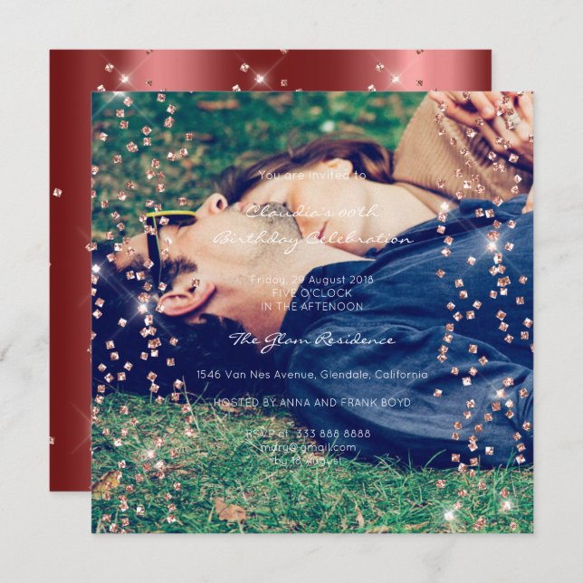 Birthday Graduation Spark Foto Confetti Rose Maroo Invitation (Front/Back)