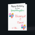 Birthday Granddaughter Pretty Flowers Card<br><div class="desc">Granddaughter birthday wishes. Personalise for anyone. Granddaughter is written in green script. Beautiful and sweet is she is written on frontside in red script. Pretty brightly coloured flowers in pink blue yellow green orange against white background. Leave special message inside, or personalise. Original Artwork and Card Verse Design © TamiraZDesigns...</div>