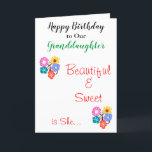 Birthday Granddaughter Pretty Flowers Card<br><div class="desc">Granddaughter birthday wishes. Personalise for anyone. Granddaughter is written in green script. Beautiful and sweet is she is written on frontside in red script. Pretty brightly coloured flowers in pink blue yellow green orange against white background. Leave special message inside, or personalise. Original Artwork and Card Verse Design © TamiraZDesigns...</div>