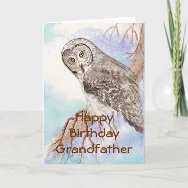 Birthday Grandfather Great Gray Owl, Bird Nature Card (Front)
