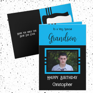 Birthday Grandson add photo name blue black Card