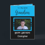 Birthday Grandson add photo name blue black Card<br><div class="desc">To a very special grandson.
Happy birthday.
Add a name and a photo.
Blue and black.</div>