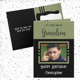 Birthday Grandson add photo name green black Card