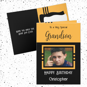 Birthday Grandson add photo name orange black Card