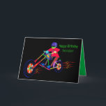 Birthday Grandson, Biker on Motorcycle Vivid Colou Card<br><div class="desc">Fun,  colourful birthday greeting for that grandson with a young man riding a motorcycle.  See the same image for other categories.</div>