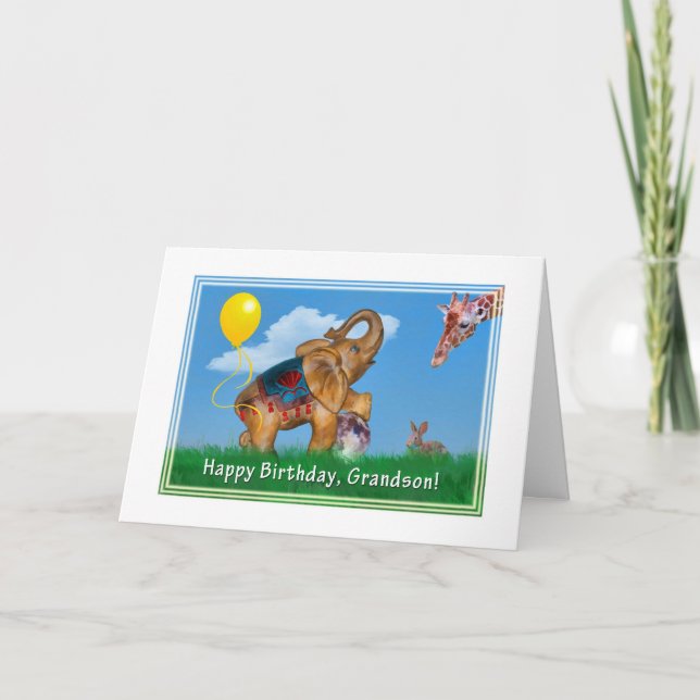 Birthday, Grandson, Elephant, Giraffe Card (Front)