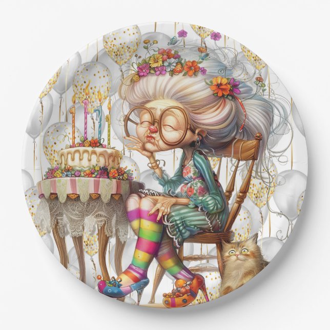 Birthday Granny With Party Balloons Paper Plate (Front)