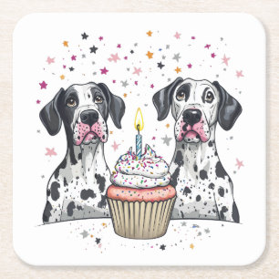 Birthday Great Dane Dogs Cupcake Square Paper Coaster