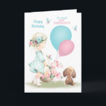 Birthday Great Granddaughter Girl with Puppy Card<br><div class="desc">Happy birthday card for a young Great Granddaughter featuring a sweet little girl carrying a basket full of flowers with 2 balloons,  accompanied by her adorable little brown puppy and blue butterflies.</div>