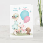 Birthday Great Granddaughter Girl with Puppy Card<br><div class="desc">Happy birthday card for a young Great Granddaughter featuring a sweet little girl carrying a basket full of flowers with 2 balloons,  accompanied by her adorable little brown puppy and blue butterflies.</div>