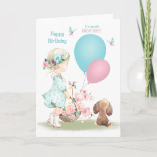 Birthday Great Niece Little Girl with Puppy Card