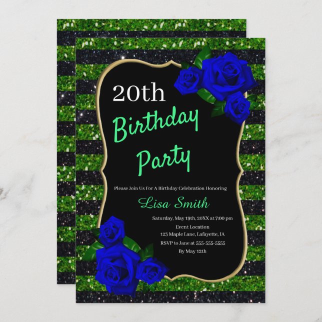 Birthday Green Black Stripe Glitter Deep Blue Rose Invitation (Front/Back)